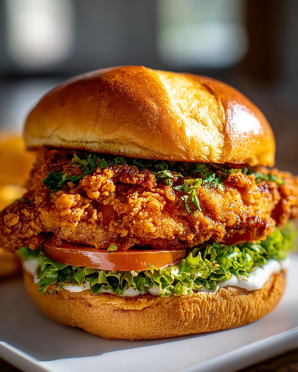 A close-up of a perfectly assembled Cajun Crispy Chicken Sandwich on a brioche bun with lettuce, tomato, and sauce.