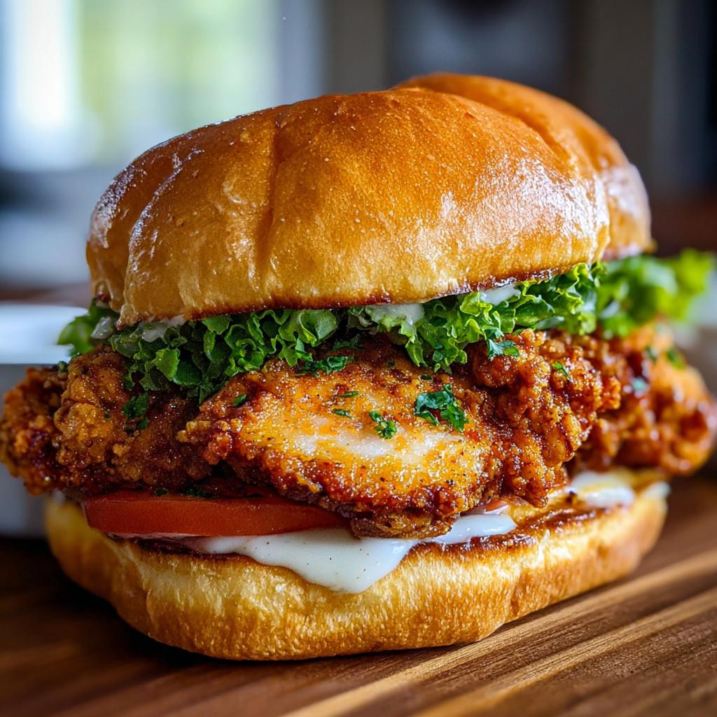 A close-up of a perfectly assembled Cajun Crispy Chicken Sandwich on a brioche bun with lettuce and tomato.