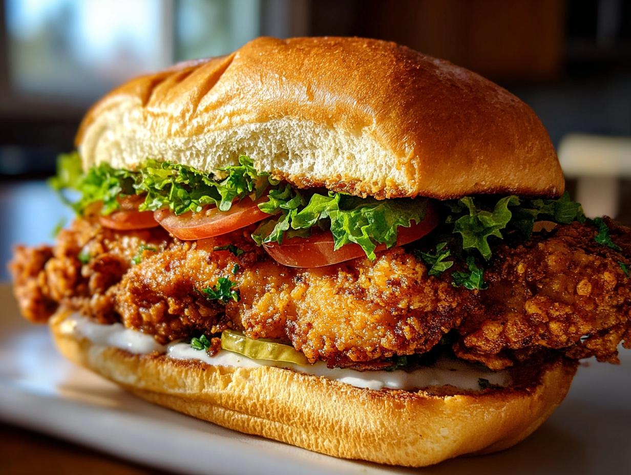 A close-up of a fully assembled Cajun Crispy Chicken Sandwich featuring a thick, golden fried chicken fillet.