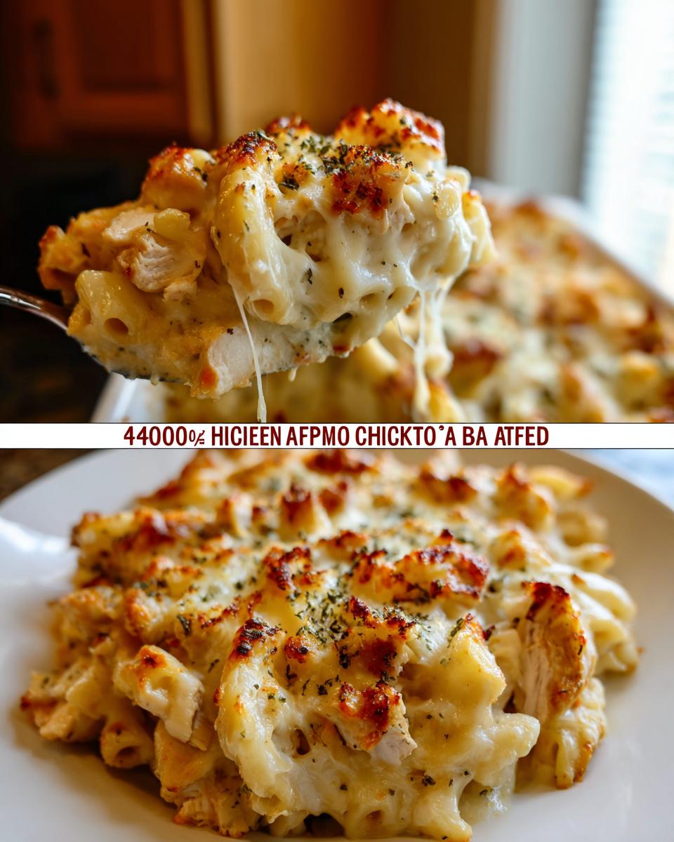 A close-up of a spoonful of creamy Chicken Alfredo Bake being lifted, showing melted cheese strings and chunks of chicken.
