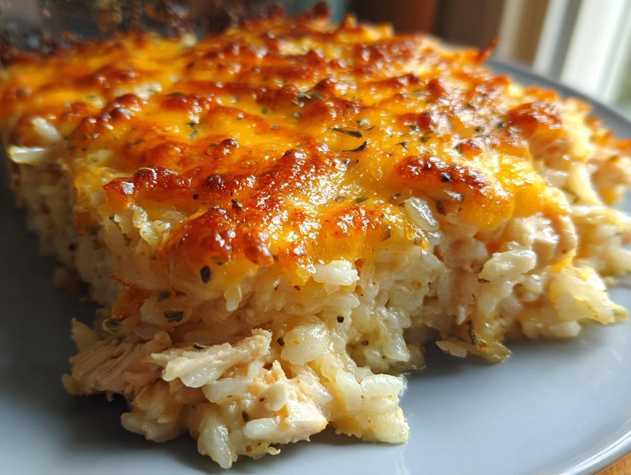 A close-up of a serving of Cheesy Chicken and Rice Bake showing creamy rice, shredded chicken, and a bubbly, golden-brown cheese topping.
