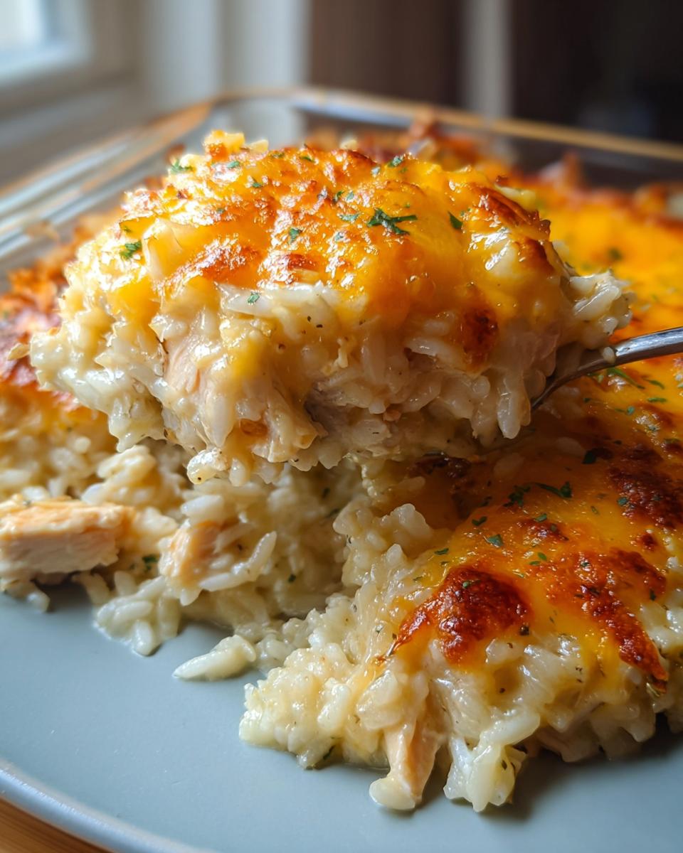 A spoonful of creamy Cheesy Chicken and Rice Bake topped with golden melted cheddar cheese.