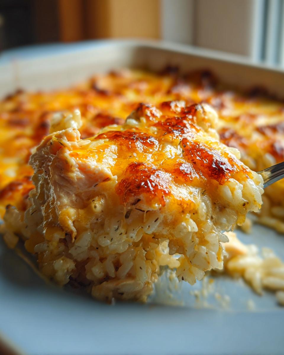 A spoonful being lifted from a Cheesy Chicken and Rice Bake, showing creamy rice and melted, browned cheese.