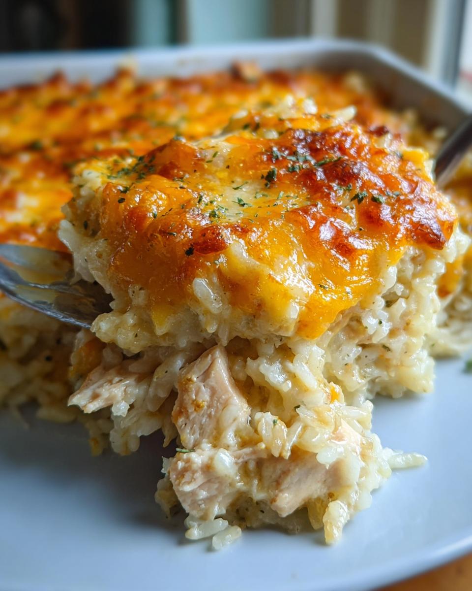 A spoonful of Cheesy Chicken and Rice Bake lifted from the dish, showing rice, chicken pieces, and a golden melted cheese topping.