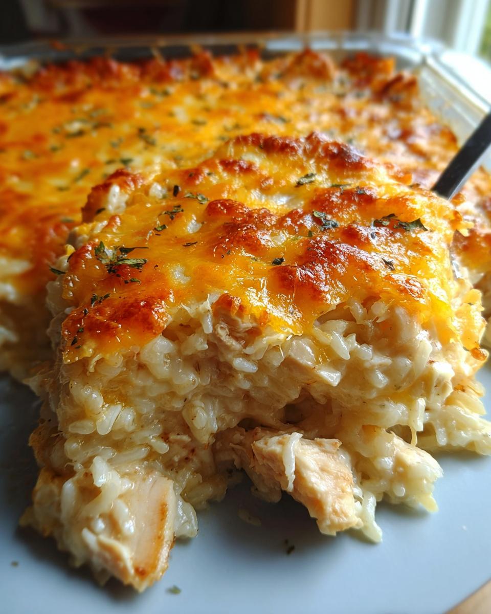 A spoonful being lifted from a Cheesy Chicken and Rice Bake, showing creamy rice, chicken pieces, and a bubbly, golden cheese topping.