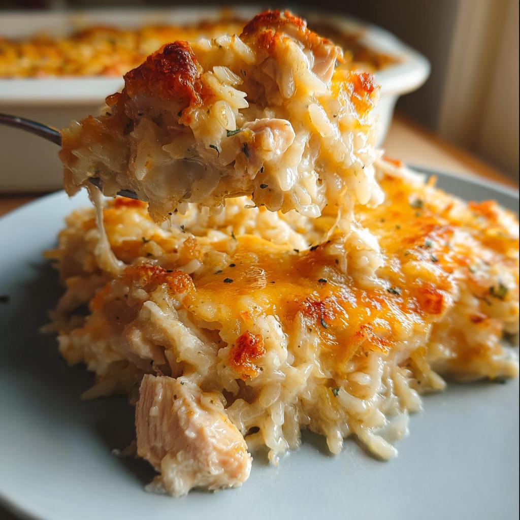 A spoonful of Cheesy Chicken and Rice Bake showing melted cheese stretching between the spoon and the main dish.