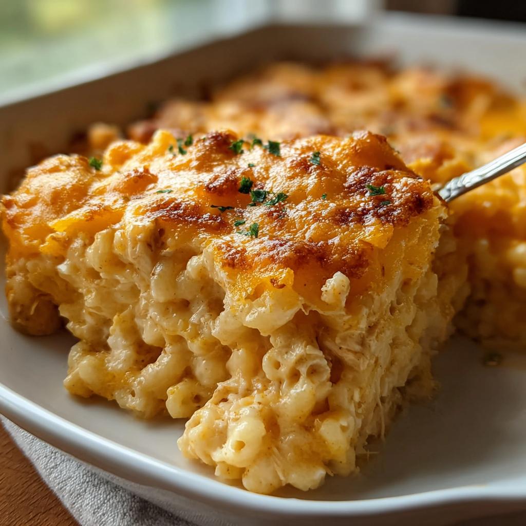 A close-up of a serving being lifted from a baked Cheesy Chicken and Rice Casserole, showing creamy texture and golden cheese.