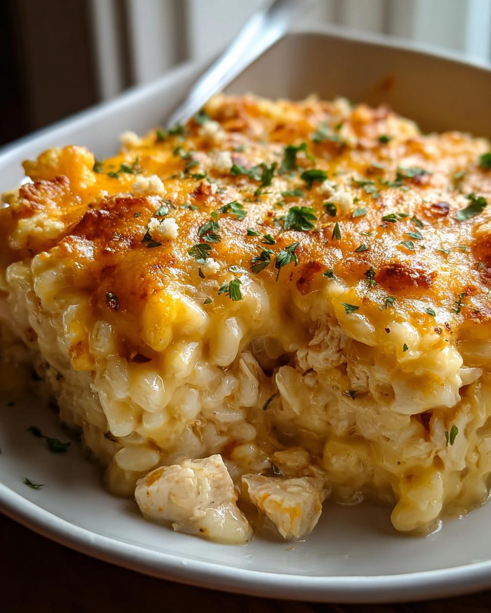A close-up serving of Cheesy Chicken and Rice Casserole with melted cheddar cheese topping and parsley.
