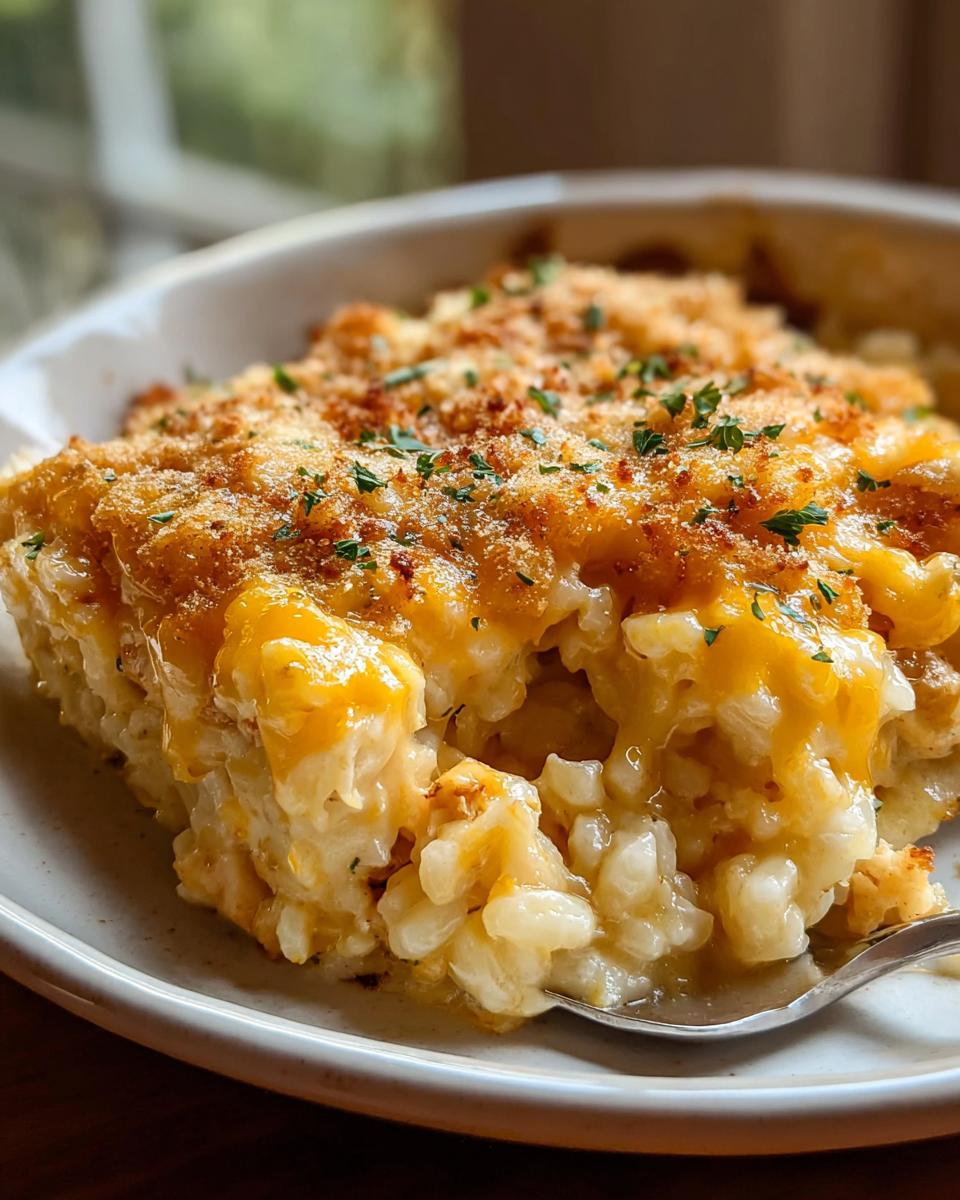 A close-up of a serving of Cheesy Chicken and Rice Casserole with a golden, baked topping.