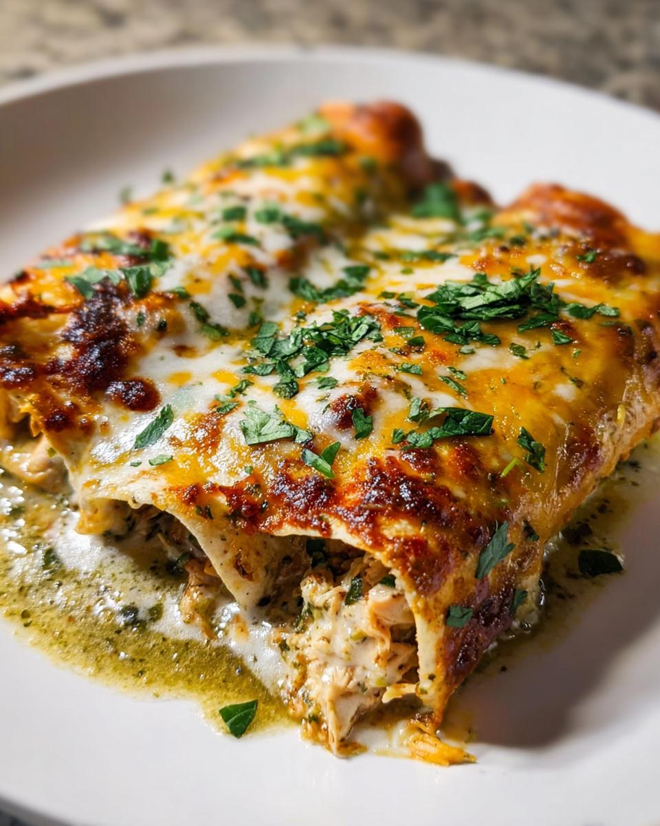 Two baked Chicken Enchiladas smothered in melted cheese and topped with fresh cilantro.