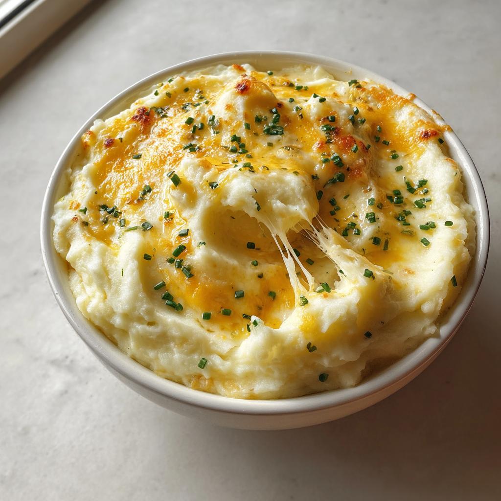 A bowl of creamy Cheesy Mashed Potatoes with Melty Comfort, topped with melted cheddar and chives.