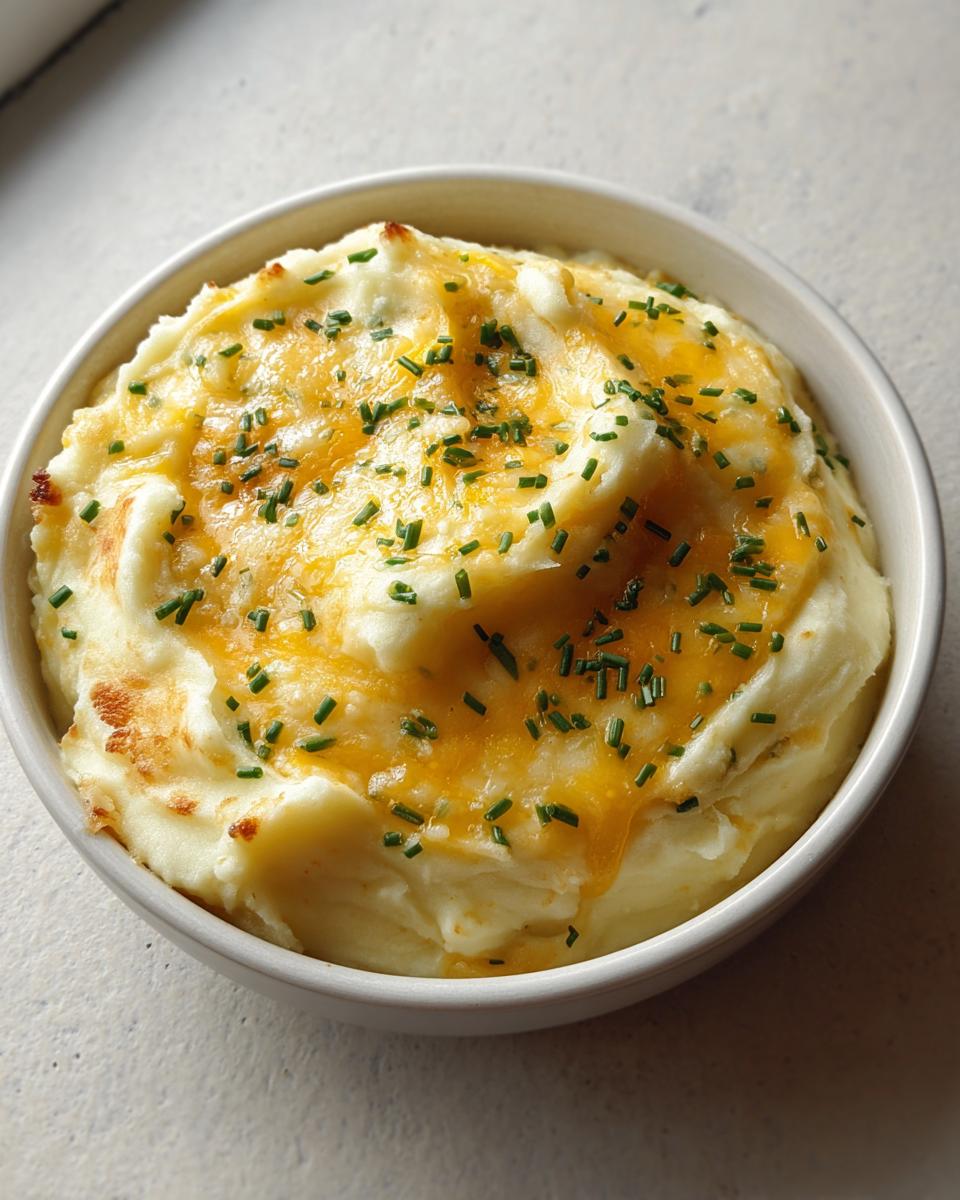 A close-up of creamy Cheesy Mashed Potatoes with Melty Comfort topped with melted cheddar and fresh chives.