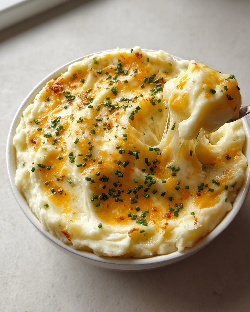 A spoonful lifts creamy Cheesy Mashed Potatoes with Melty Comfort, showing dramatic cheese pulls, topped with melted cheddar and chives.