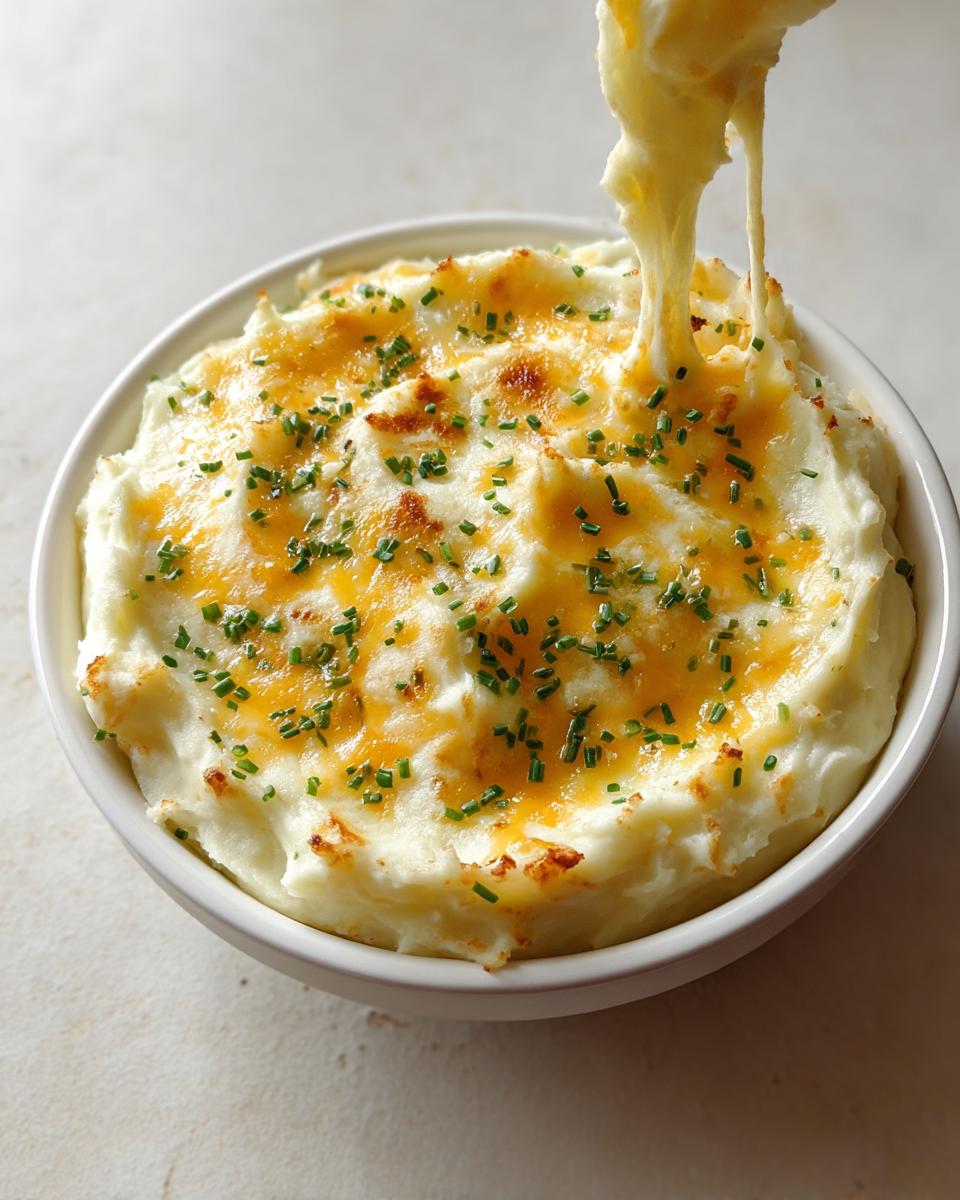 A bowl of Cheesy Mashed Potatoes with Melty Comfort, topped with melted cheddar and chives, showing a cheese pull.