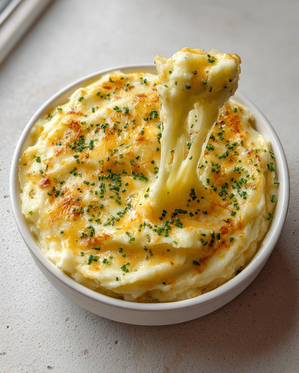 A bowl of Cheesy Mashed Potatoes with Melty Comfort showing a dramatic cheese pull from a spoonful.