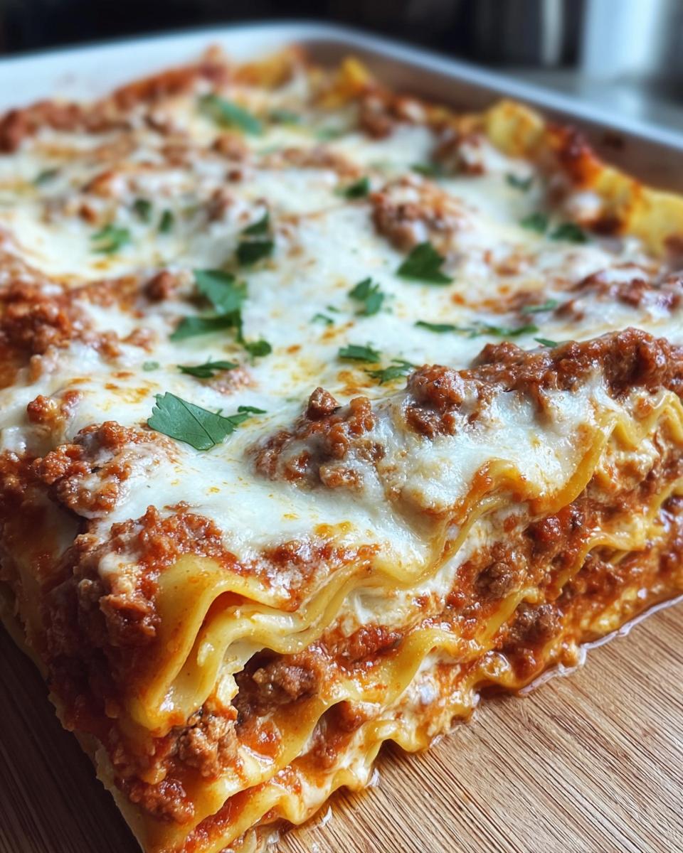 A close-up of a thick slice of Cheesy Ricotta Mozzarella Parmesan Lasagna showing layers of pasta, rich meat sauce, and melted cheese.