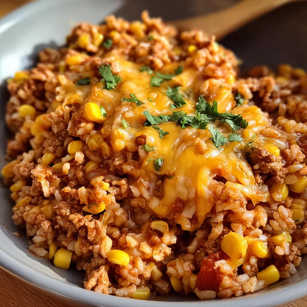 Close-up of a bowl filled with Turkey Taco Meat with Bold Seasoning mixed with rice and corn, topped with melted cheddar cheese.