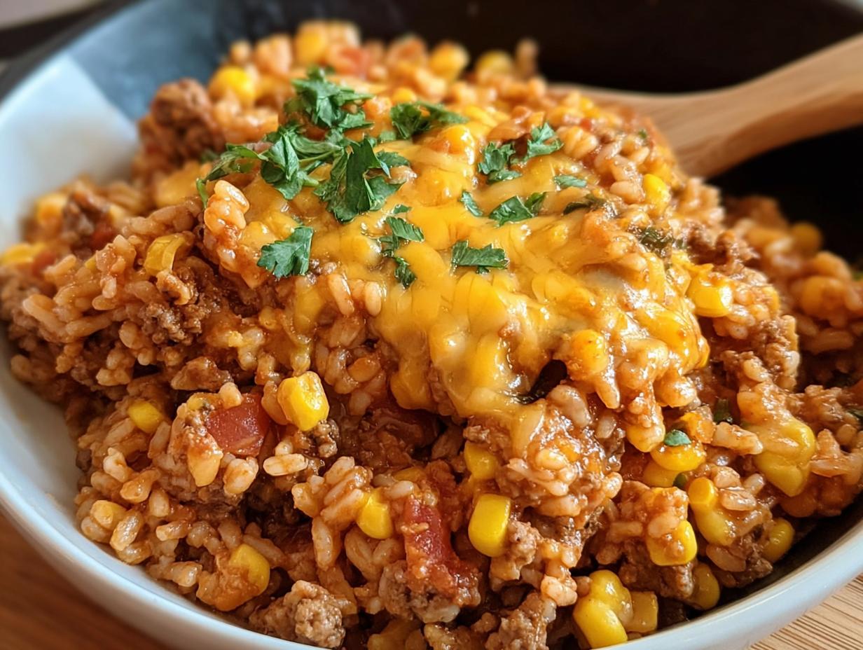 Close-up of a bowl of rice mixed with seasoned Turkey Taco Meat, corn, tomatoes, and melted cheddar cheese.