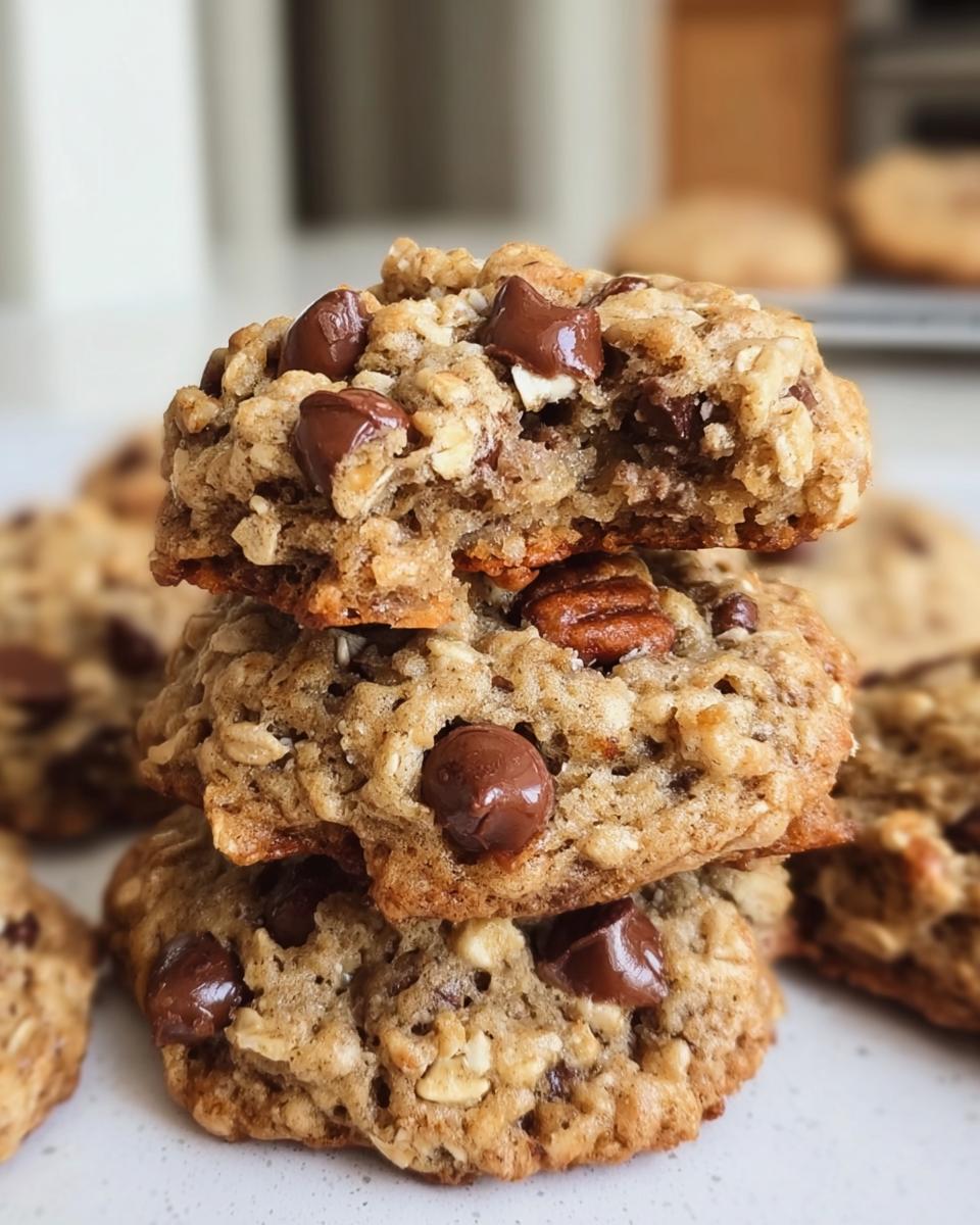Close-up of a stack of chewy Oatmeal Chocolate Chip Cookies showing oats, melted chocolate chips, and pecans.