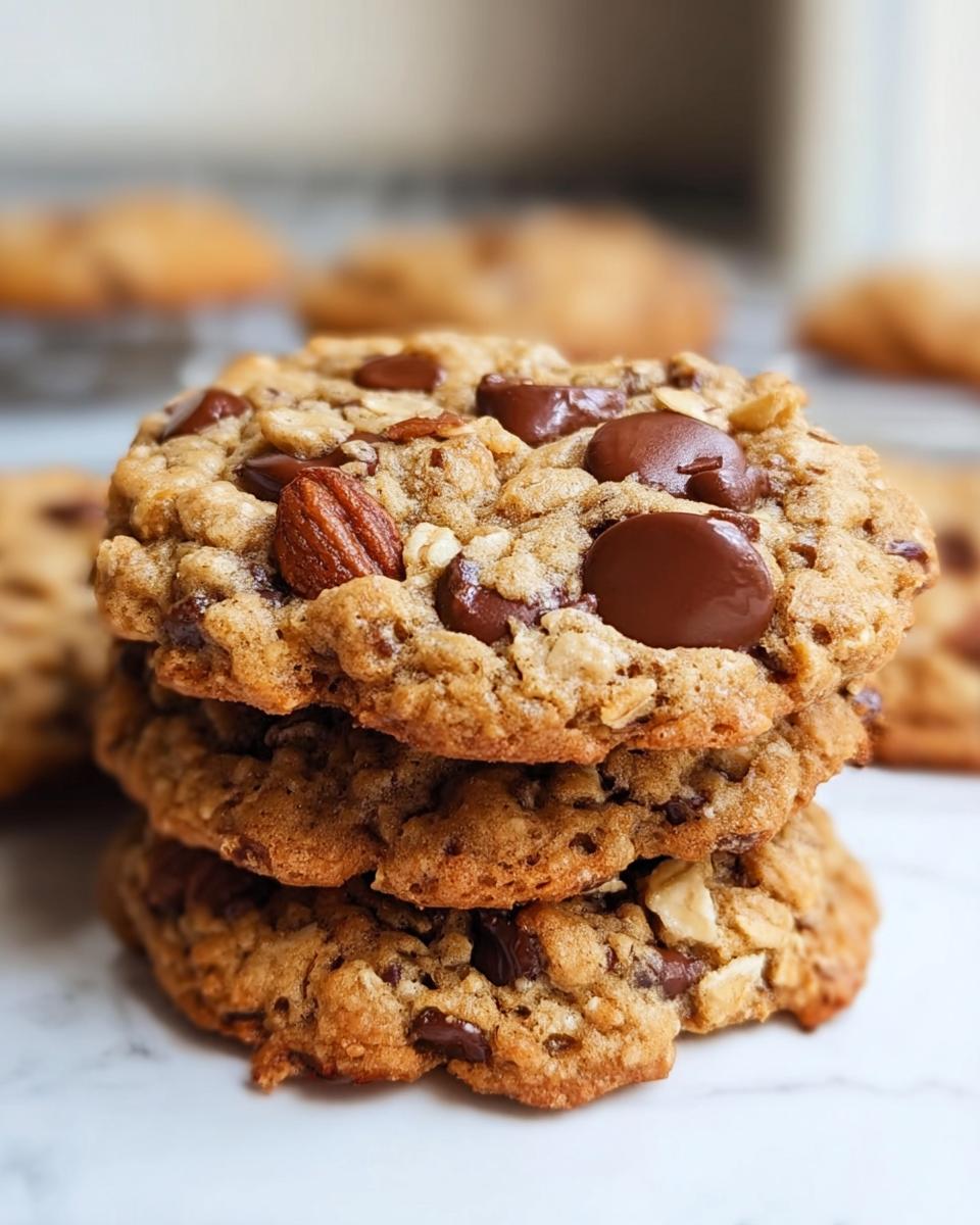 A close-up stack of three chewy Oatmeal Chocolate Chip Cookies loaded with chocolate chips and pecans.