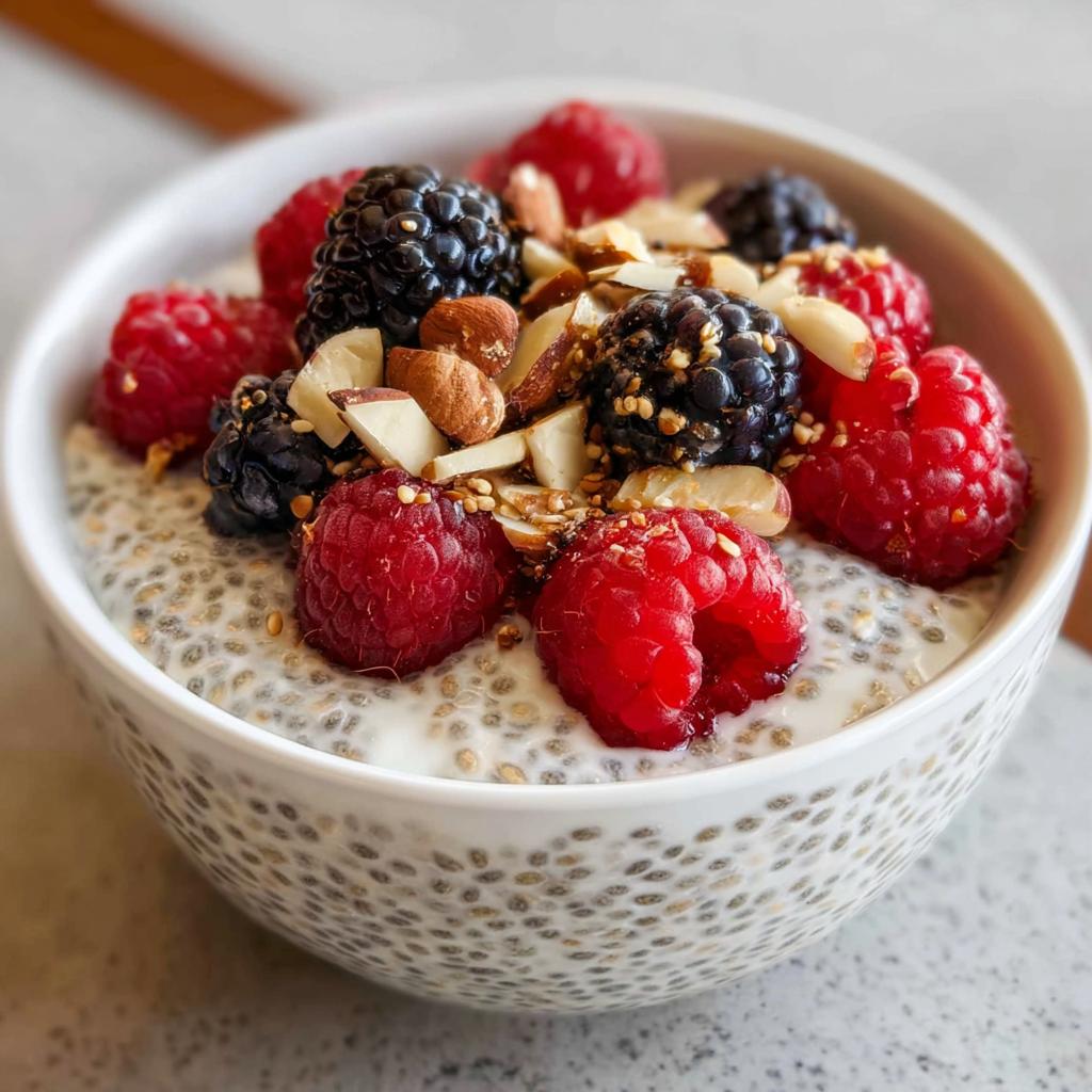 Close-up of Chia Seed Pudding with Greek Yogurt topped with fresh raspberries, blackberries, and sliced almonds.