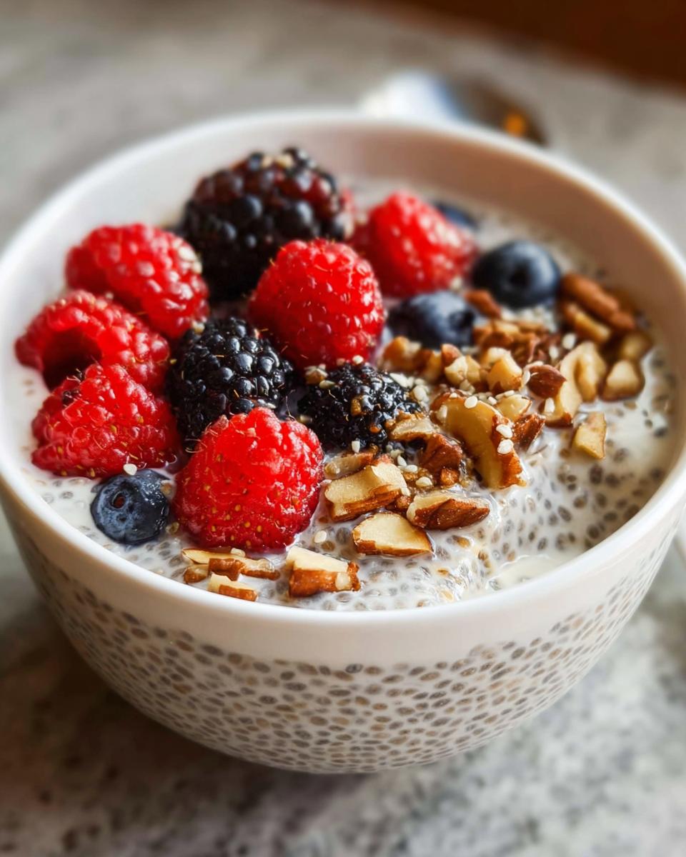 A close-up of Chia Seed Pudding with Greek Yogurt topped with fresh raspberries, blackberries, blueberries, and sliced almonds.