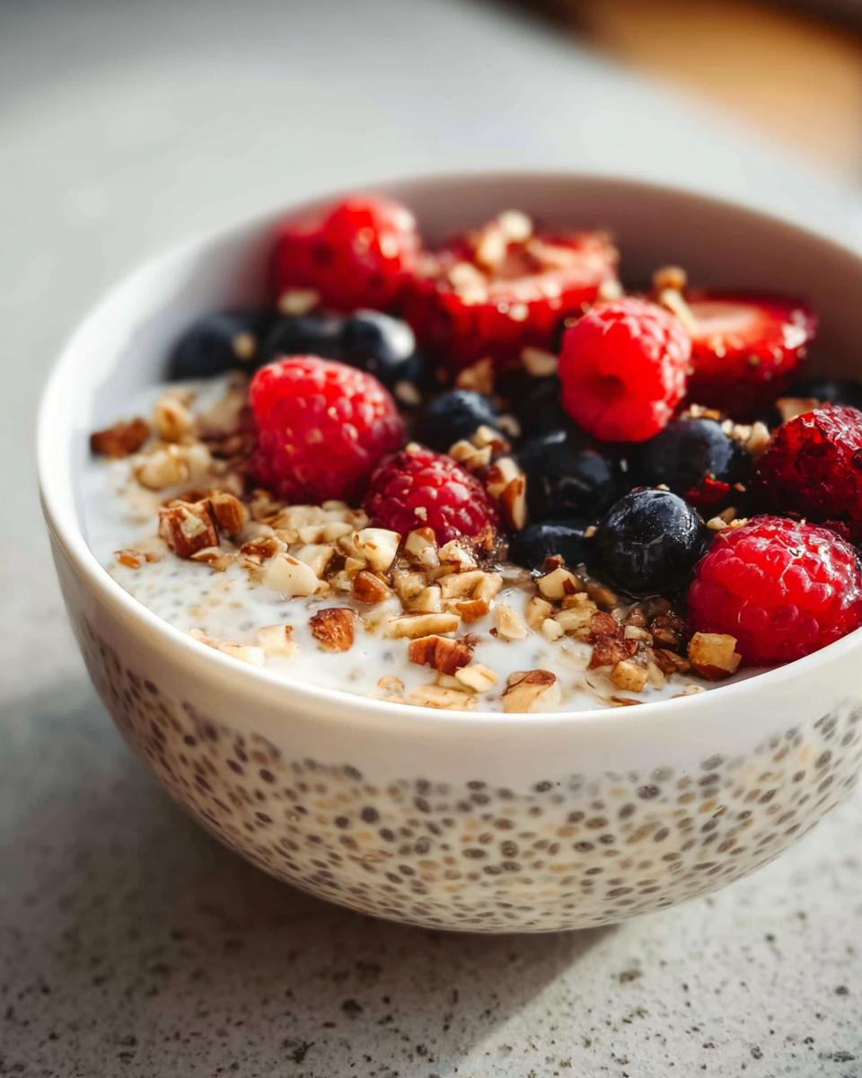 A close-up of Chia Seed Pudding with Greek Yogurt topped with fresh raspberries, blueberries, strawberries, and chopped nuts.