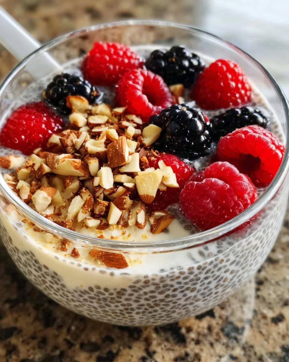 Close-up of Chia Seed Pudding with Greek Yogurt topped with fresh raspberries, blackberries, and chopped almonds.