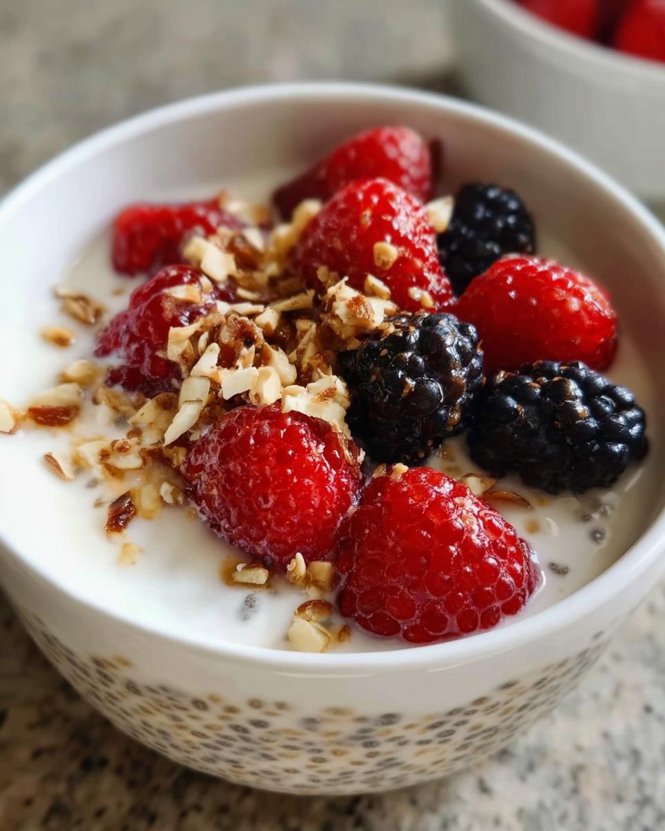 Close-up of Chia Seed Pudding with Greek Yogurt topped with fresh raspberries, blackberries, and chopped nuts.