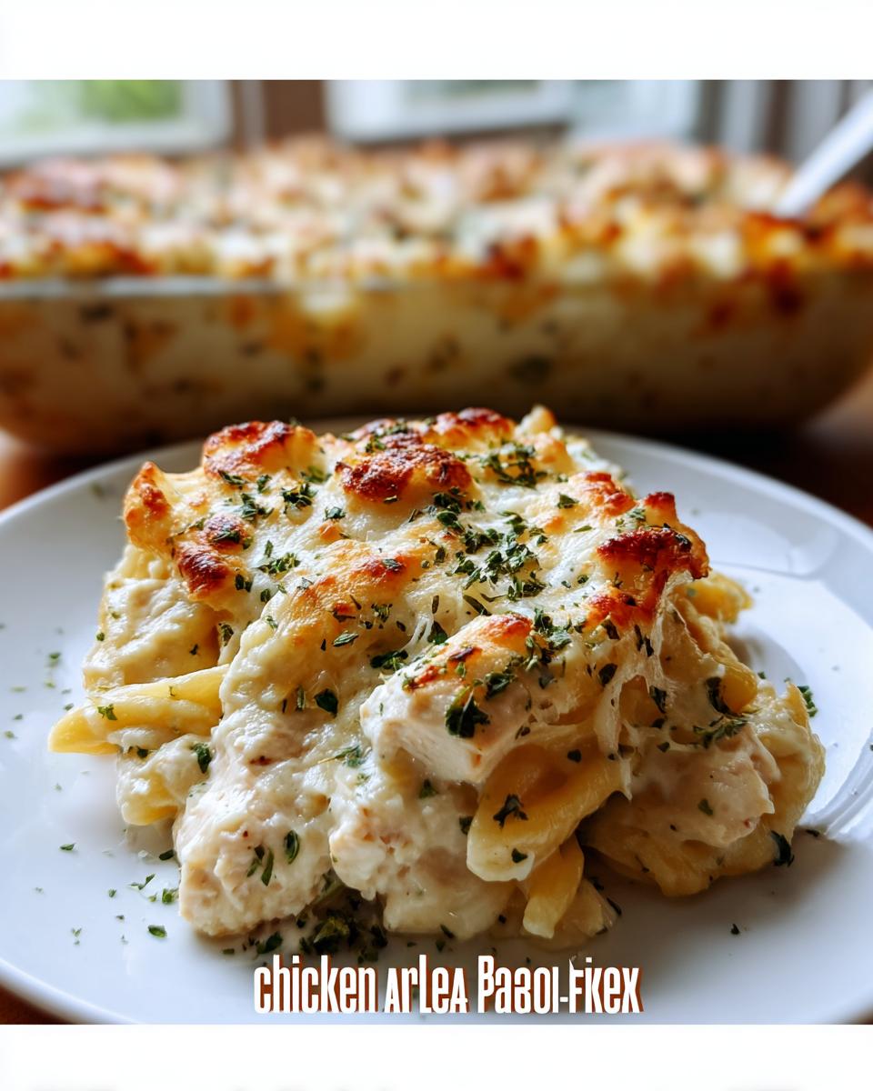 A close-up serving of baked pasta with chicken in a creamy sauce, topped with melted, browned cheese and parsley, ready for the Chicken Alfredo Bake.