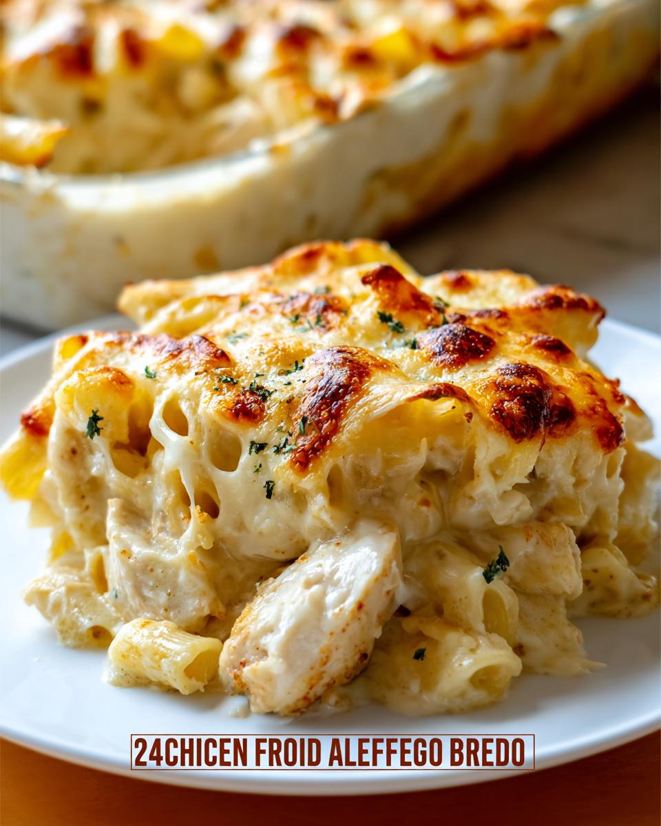 A generous serving of creamy Chicken Alfredo Bake with golden-brown melted cheese on top.