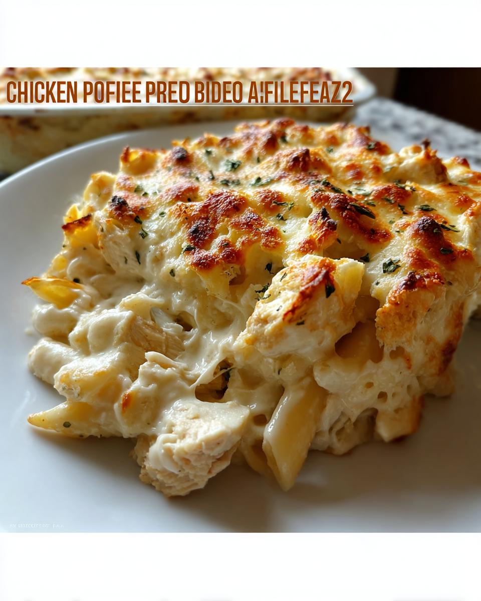 A close-up serving of creamy Chicken Alfredo Bake with penne pasta, chicken pieces, and a golden-brown cheesy top.