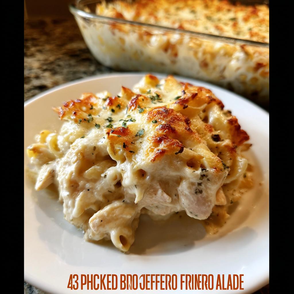 A close-up serving of creamy Chicken Alfredo Bake with golden brown cheese topping and parsley.