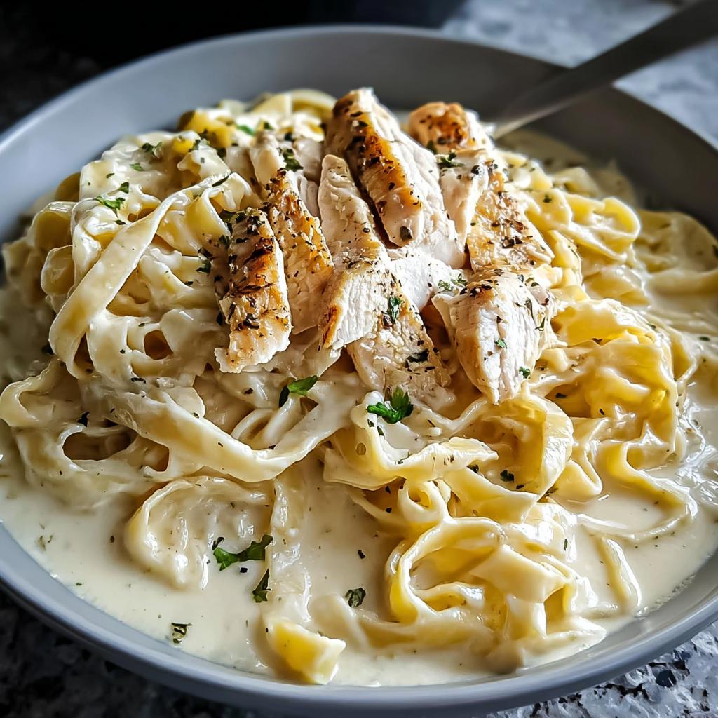 Close-up of Chicken Alfredo Pasta with velvety texture, topped with sliced grilled chicken.
