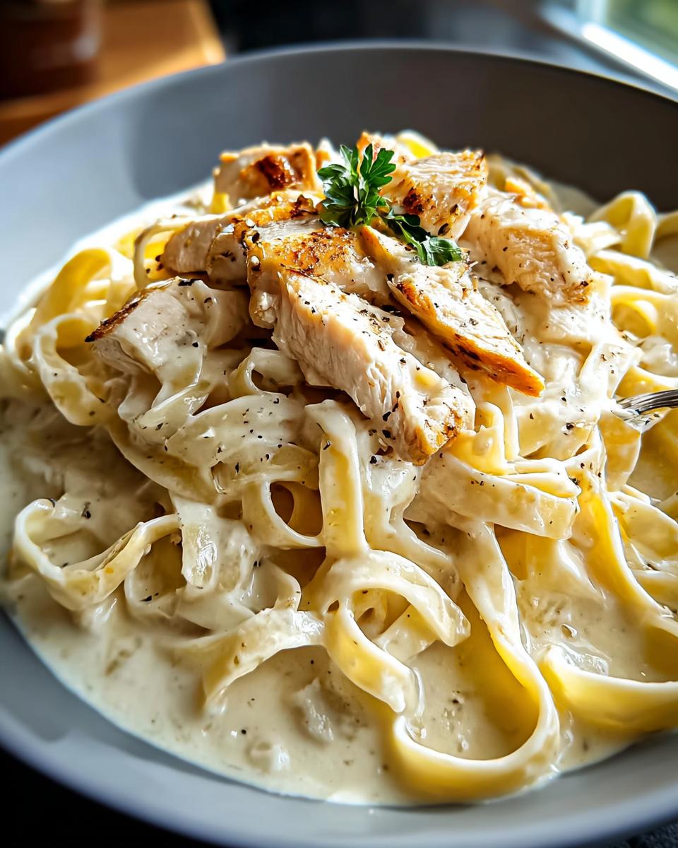 Close-up of Chicken Alfredo Pasta with velvety white sauce coating fettuccine noodles and topped with sliced chicken.