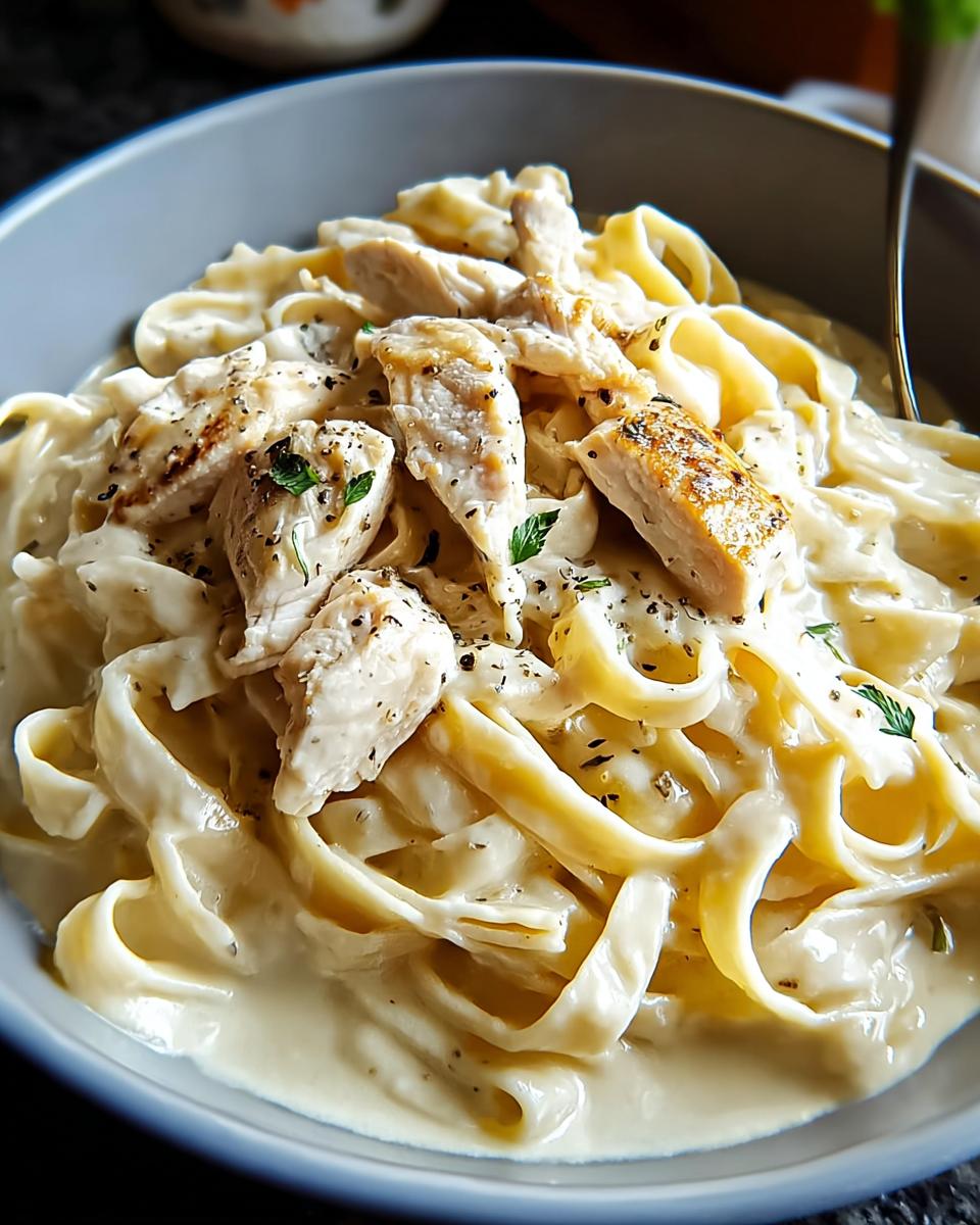 Close-up of Chicken Alfredo Pasta with a velvety white sauce and grilled chicken pieces.