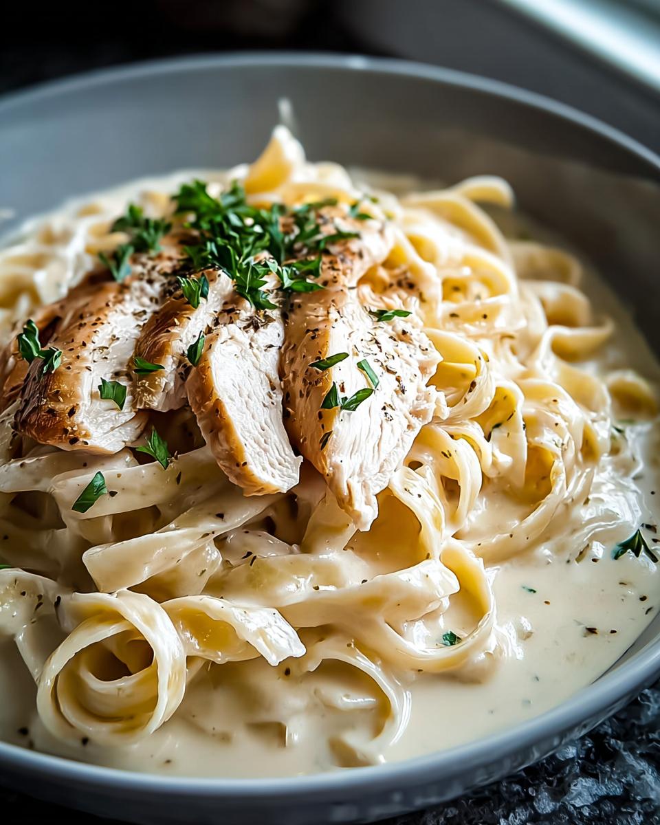 Close-up of Chicken Alfredo Pasta with velvety white sauce, topped with sliced grilled chicken and fresh parsley.