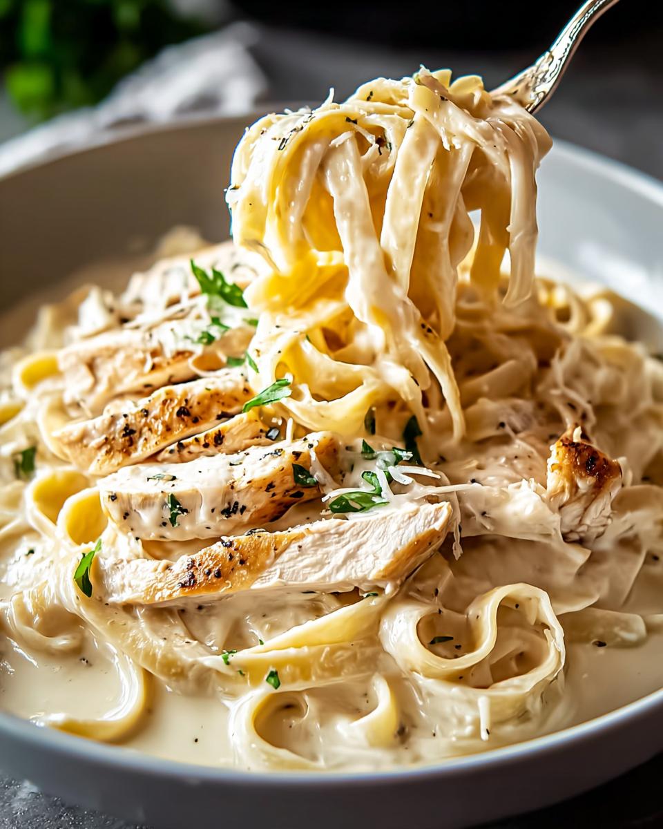 Fork lifting fettuccine noodles coated in creamy sauce from a bowl of Chicken Alfredo Pasta with sliced grilled chicken.