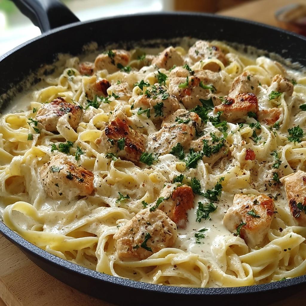 Close-up of Chicken Alfredo Skillet with creamy sauce, pasta, and parsley garnish in a black pan.