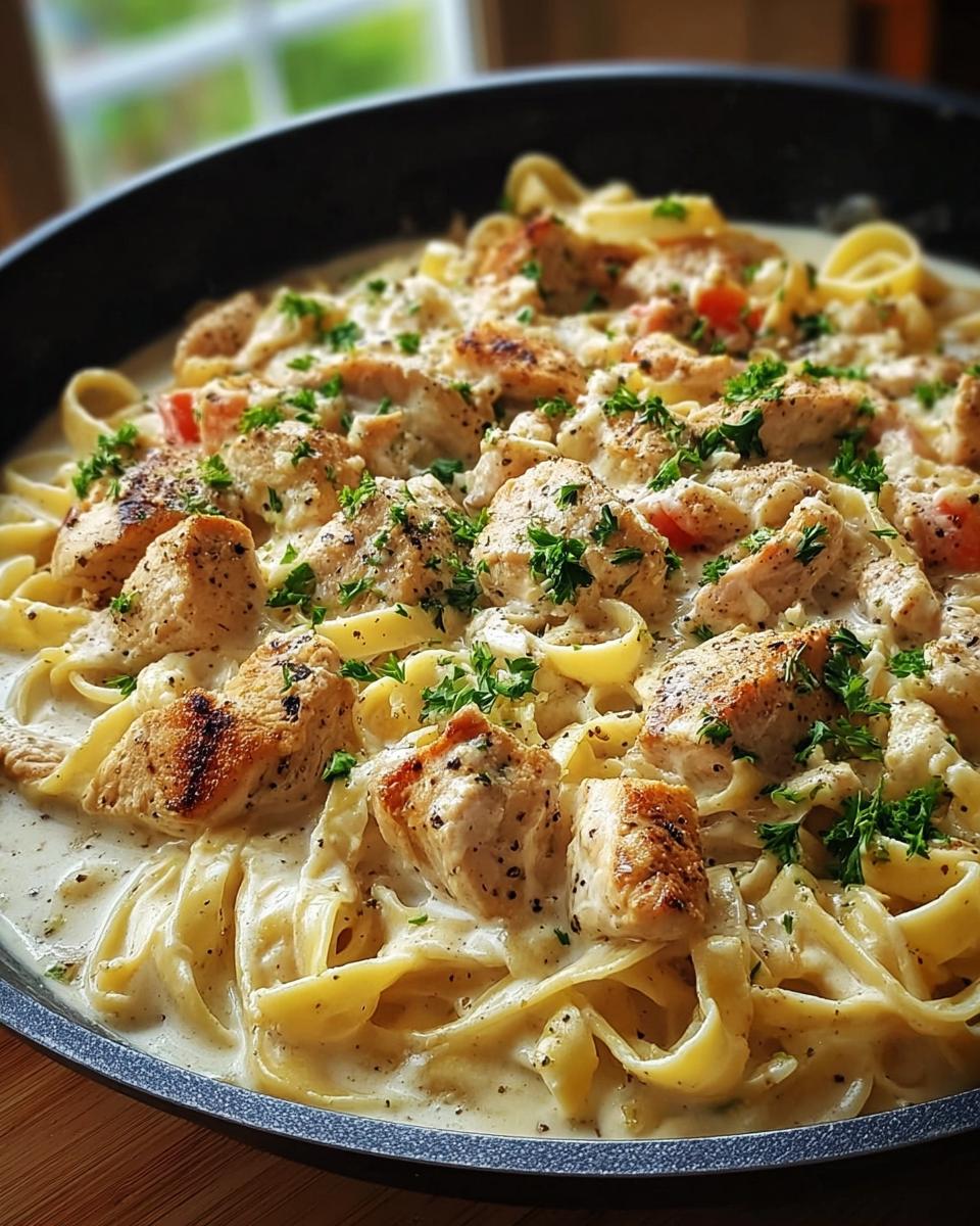 Close-up of Chicken Alfredo Skillet with creamy sauce, fettuccine pasta, and parsley garnish.