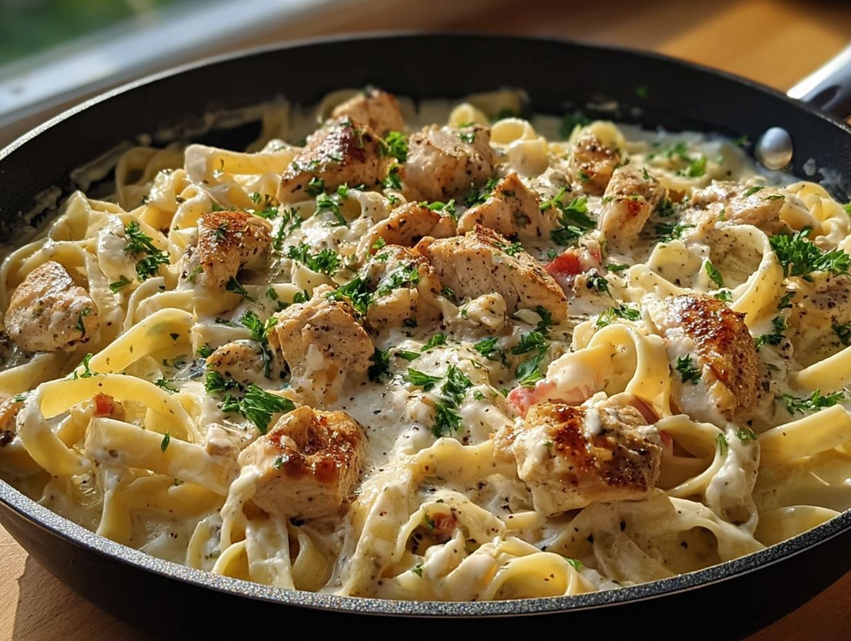 Close-up of Chicken Alfredo Skillet with creamy sauce, fettuccine, and parsley garnish.