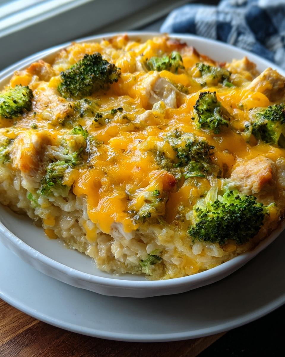A close-up of a serving of Chicken and Rice Bake with Broccoli and Cheese, topped with melted cheddar.