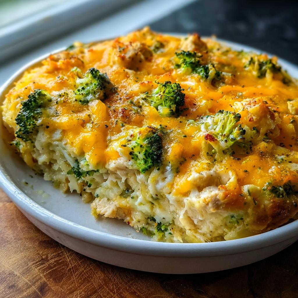 A close-up of a serving of Chicken and Rice Bake with Broccoli and Cheese, topped with melted cheddar.