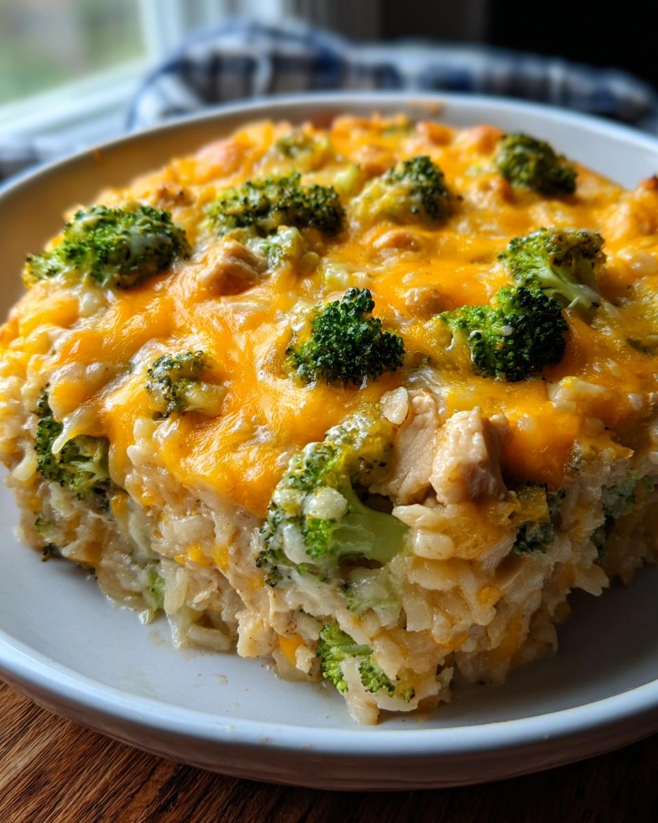 A close-up serving of Chicken and Rice Bake with Broccoli and Cheese, topped with melted cheddar.