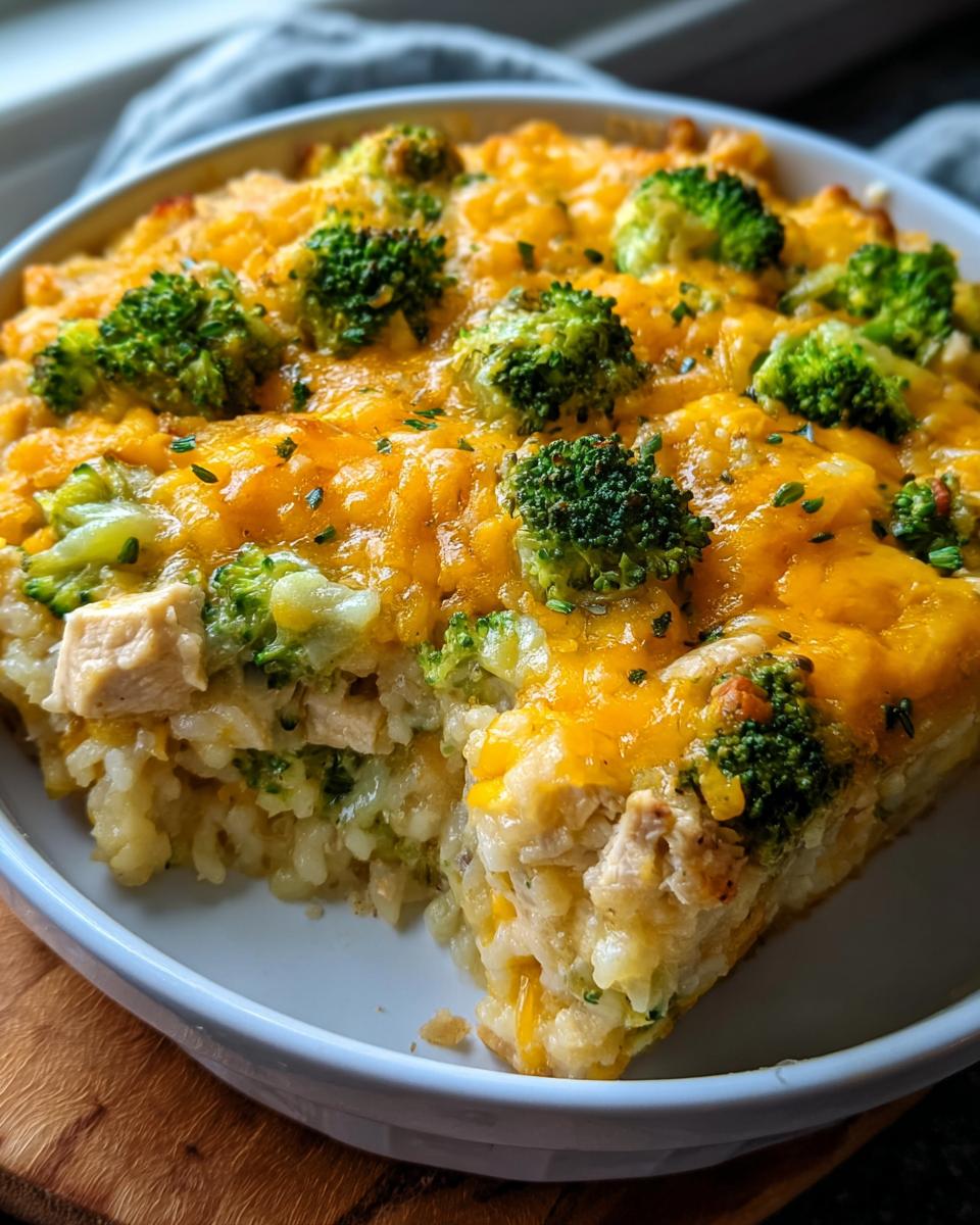 A close-up serving of Chicken and Rice Bake with Broccoli and Cheese, topped with melted cheddar.