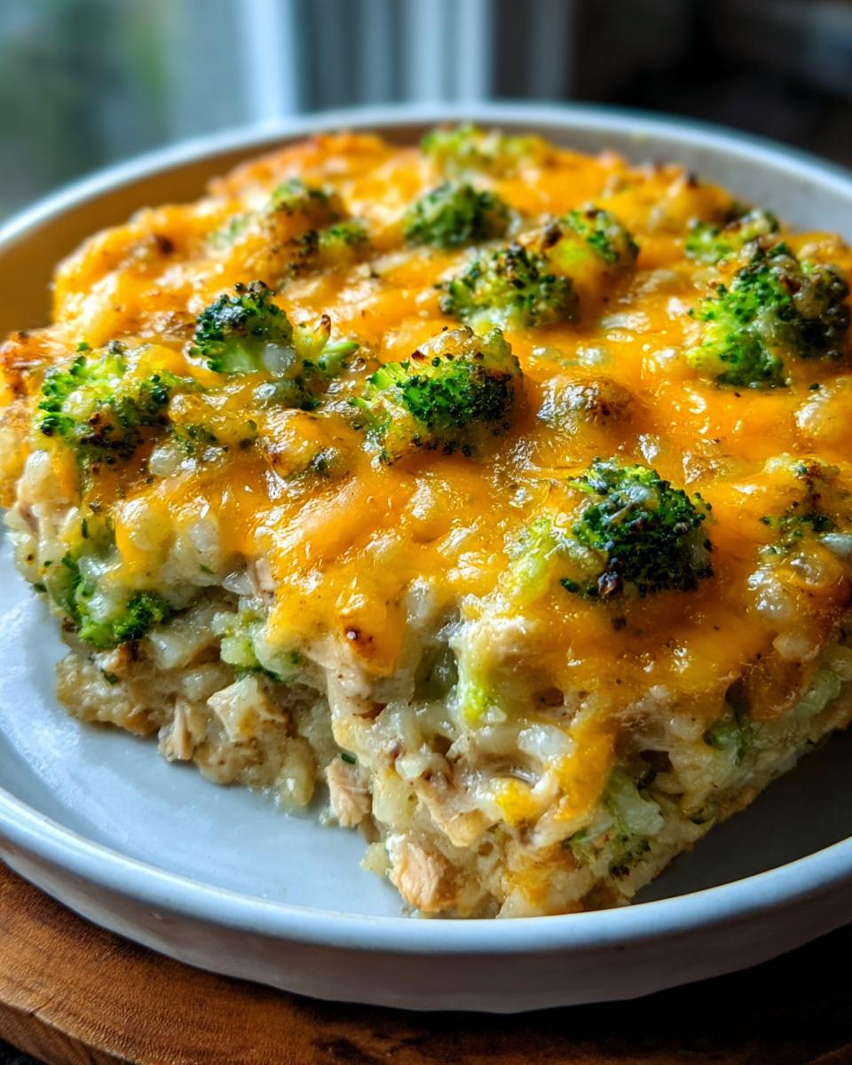 A close-up serving of Chicken and Rice Bake with Broccoli and Cheese topped with melted cheddar.