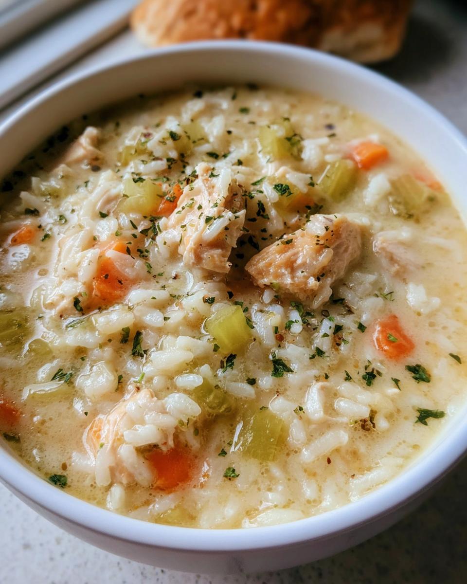 Close-up of a creamy Chicken and Rice Soup Style Bowl with chunks of chicken, rice, carrots, and celery, topped with parsley.