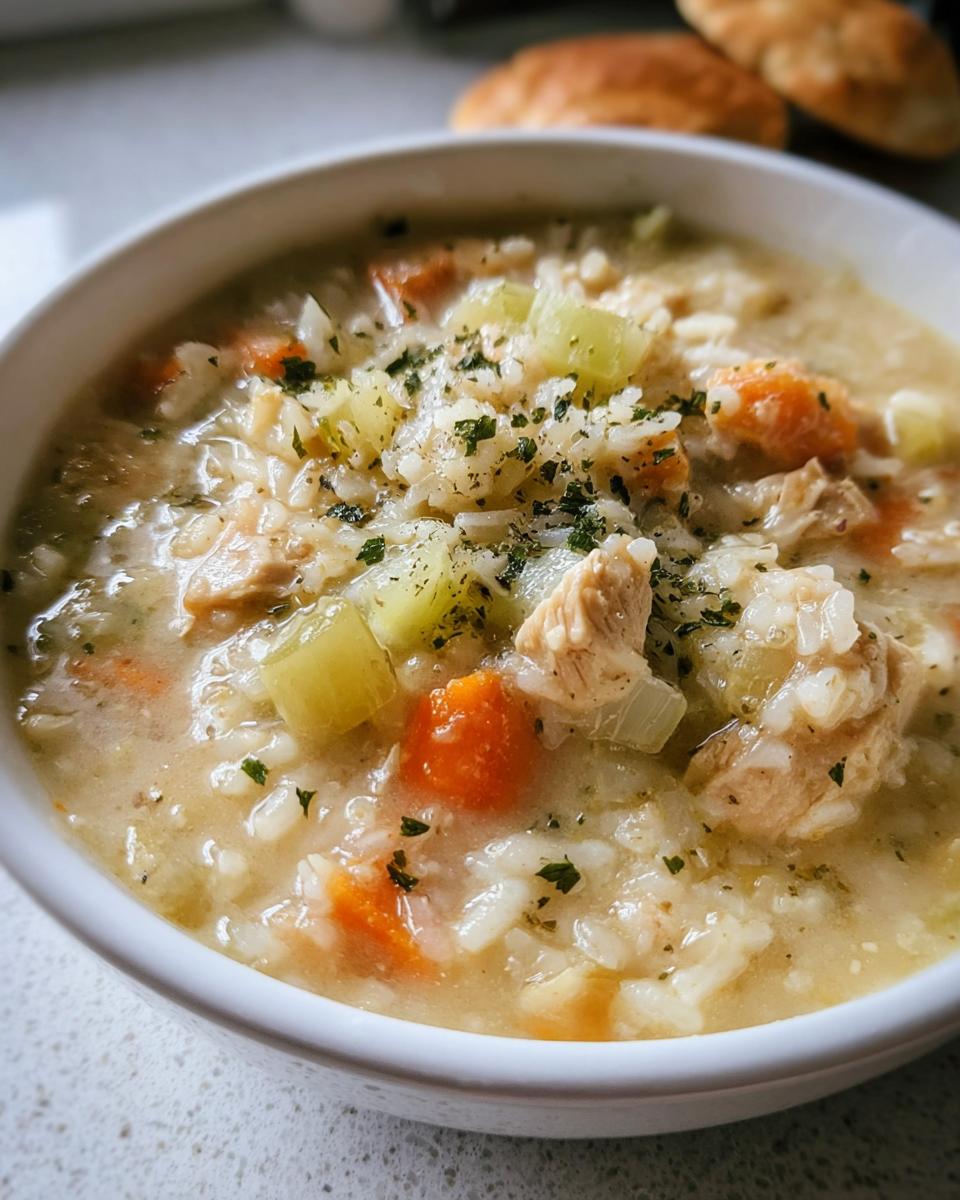 Close-up of a hearty Chicken and Rice Soup Style Bowl with chunks of chicken, carrots, celery, and rice.