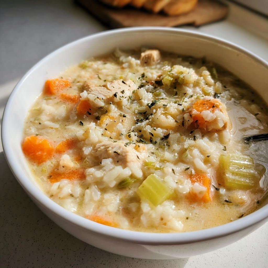 A close-up of a creamy Chicken and Rice Soup Style Bowl with carrots and celery, garnished with herbs.