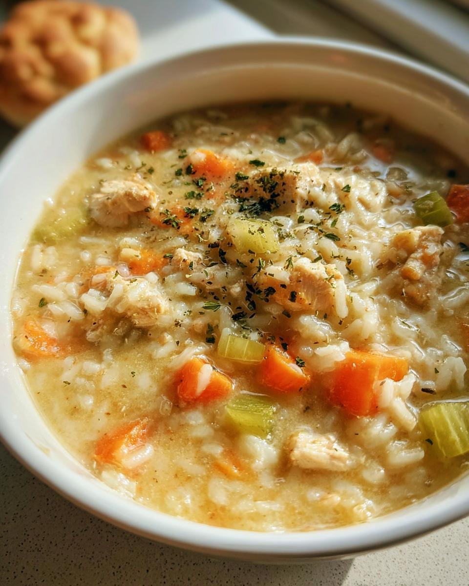 Close-up of a creamy Chicken and Rice Soup Style Bowl with chunks of chicken, carrots, and celery, topped with herbs.